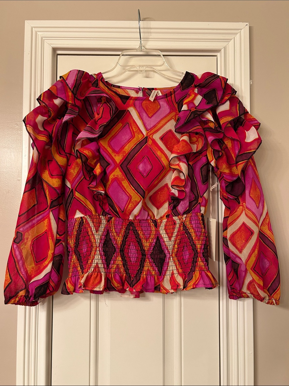 Moon Orchid Pink Multi Ruffled Smocked Waist Blouse NWT Sz S